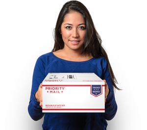 Woman holding Priority Mail box Woman holding Priority Mail box