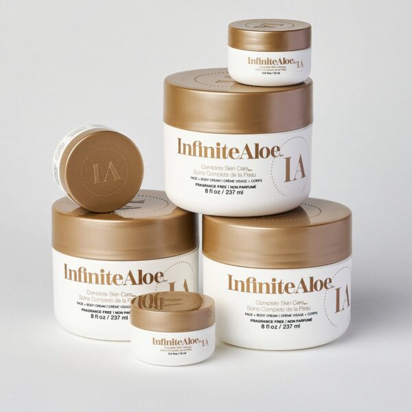 Six white jars from the IA Trio Jar Collection - Fragrance Free, each with gold lids and varying sizes, are grouped on a white background; each jar displays product details.