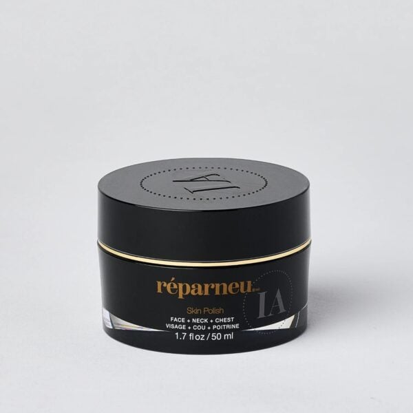 A closeup image shows a black jar of reparneu Skin Polish with gold text for face, neck & chest (1.7 fl oz/50 ml) on a plain light gray background.